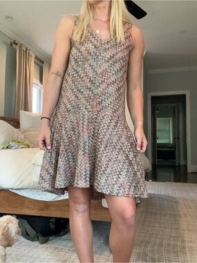 Maeve Sleeveless Zigzag Midi Dress in Pink, Green and Tan